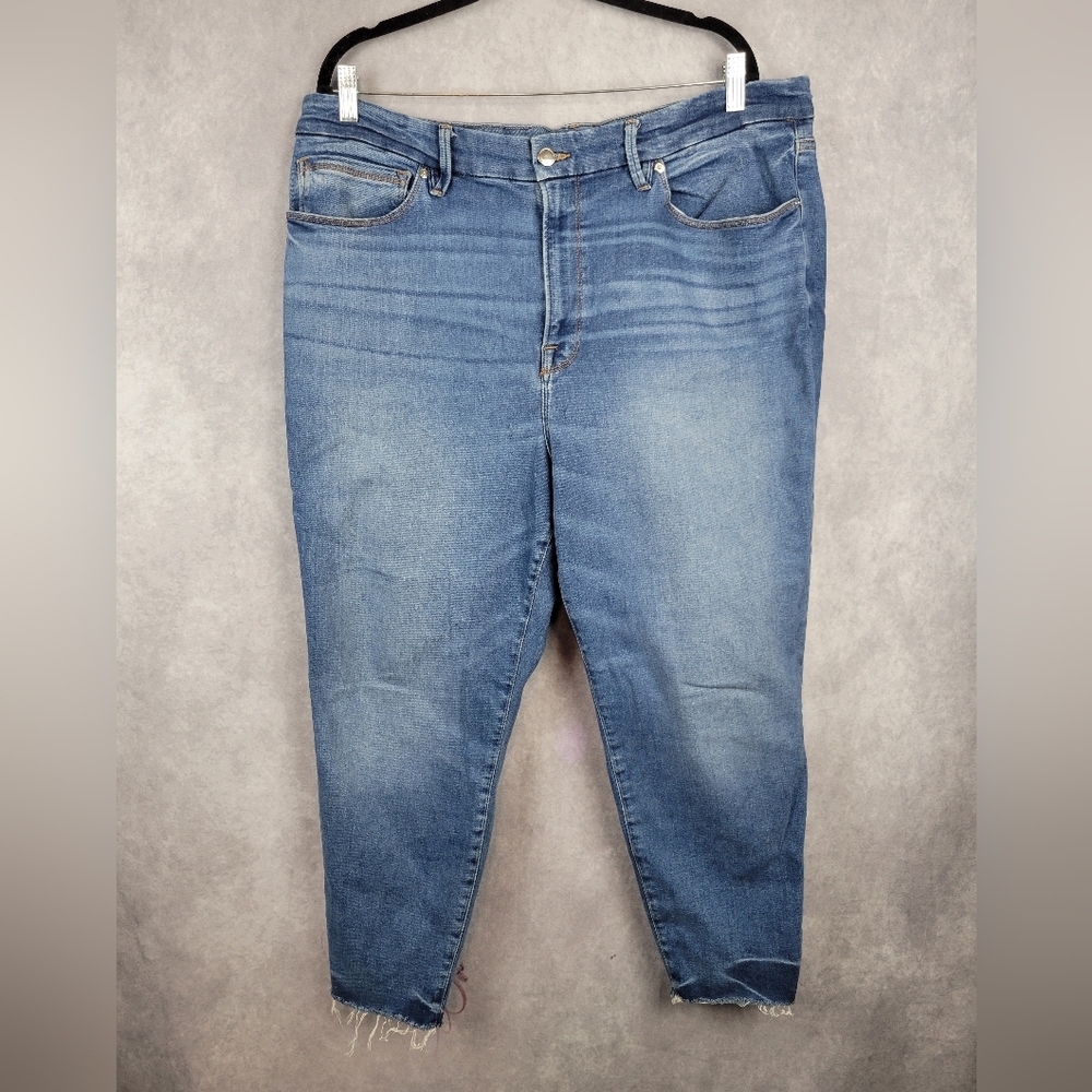 Good American x Calik Denim Blue Jeans Size 20/26 High Rise Skinny Fit Raw Hem‎